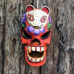 Mask Skull with Movable Jaw Red Wooden Hand Carved Skeleton Day of The Dead Decorative Painted Flowers - B4XAAC6FG