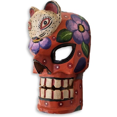 Mask Skull with Movable Jaw Red Wooden Hand Carved Skeleton Day of The Dead Decorative Painted Flowers - B4XAAC6FG