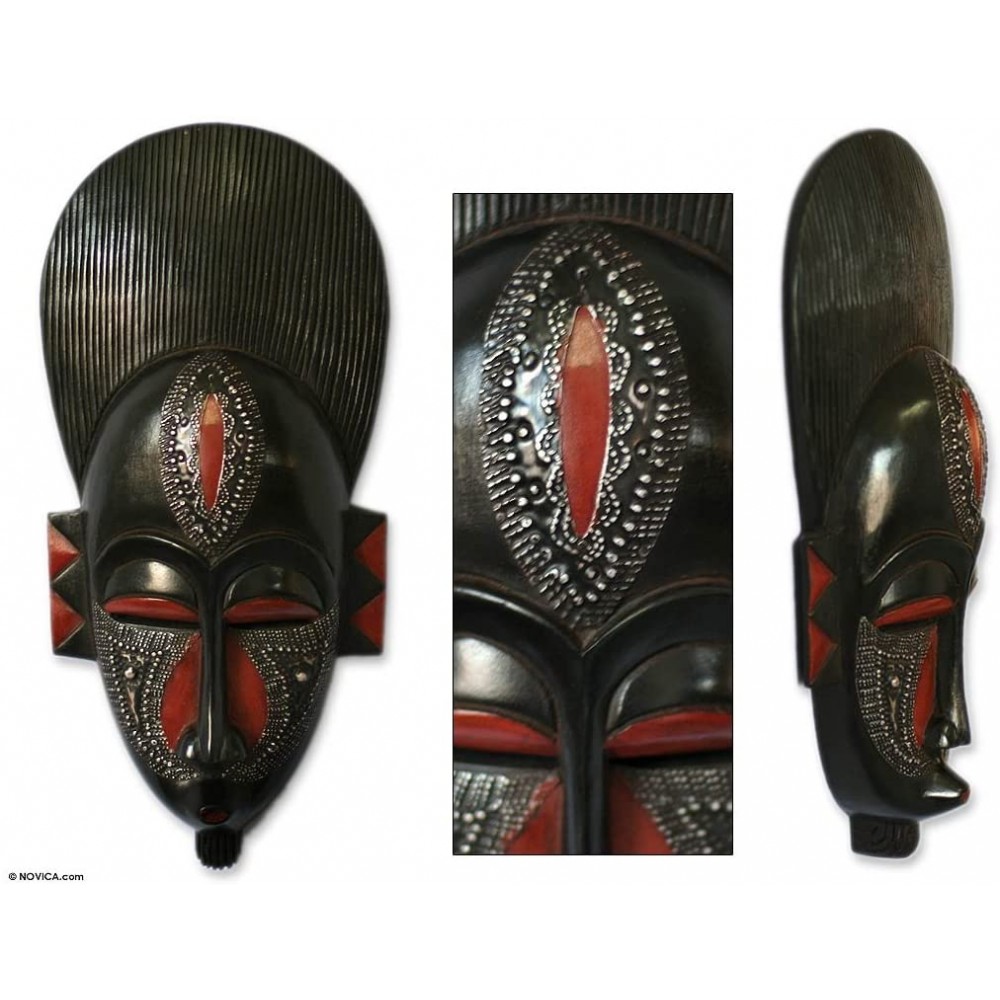 NOVICA Black and Red Handcrafted Ghanaian Wood Wall Mask in Silence' - BTP000RDG