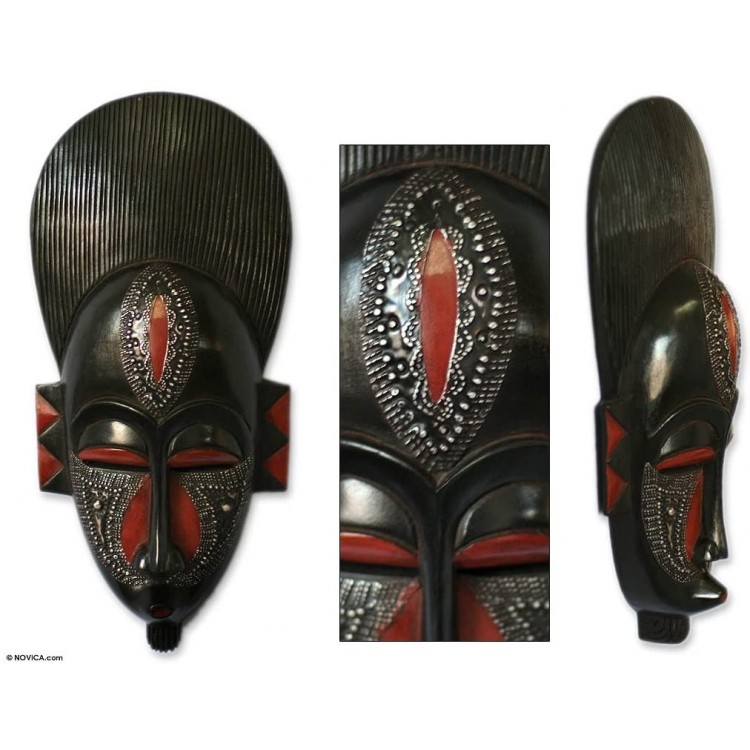NOVICA Black and Red Handcrafted Ghanaian Wood Wall Mask in Silence' - BTP000RDG