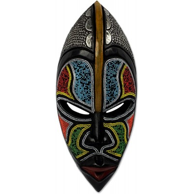 NOVICA Blue Yellow Red African Sese Wood Wall Mask with Aluminum Accents and Glass Beads Bantu Zulu' - BUJXI3JRA