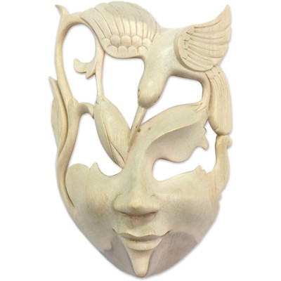 NOVICA Decorative Animal Themed Hibiscus Wood Mask Beige Lotus and Hummingbird' - BG2FM513F