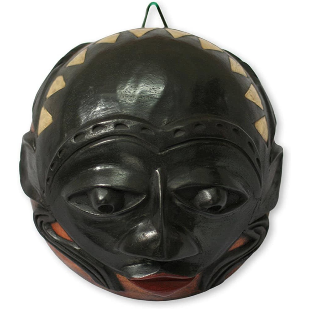 NOVICA Decorative Dried Calabash and Brass Mask Black 'Chieftain' - BA426XGBW