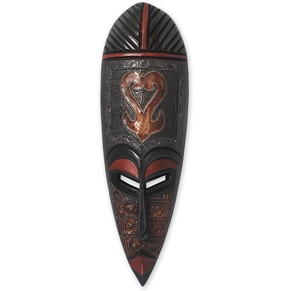 NOVICA Decorative Ghanaian Large Sese Wood and Aluminum Mask Black 'Return' - BMPO5KBF9