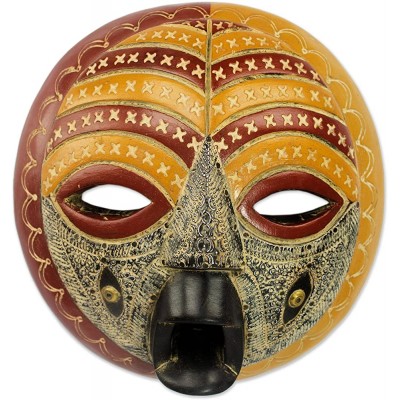 NOVICA Decorative Wood Ghanaian Mask Red and Yellow 'Edinam Luck' - B63N55I95