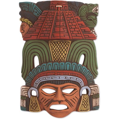 NOVICA Hand Painted Ceramic Red and Green Wall Mask 'Mayan Pyramid' - BL4XILMZ5
