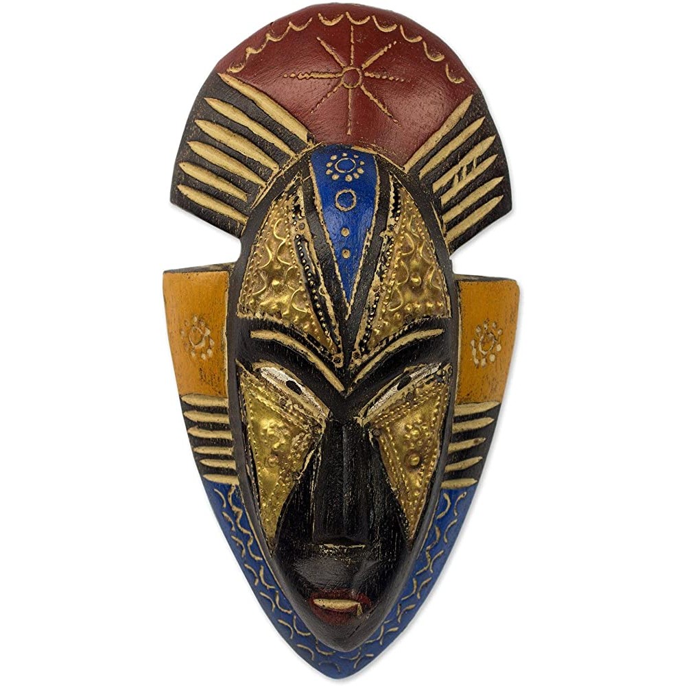 NOVICA Painted Red and Blue Hand Carved Ghanaian Wood Wall Mask 'Opeyemi' - BSM7DE9ER