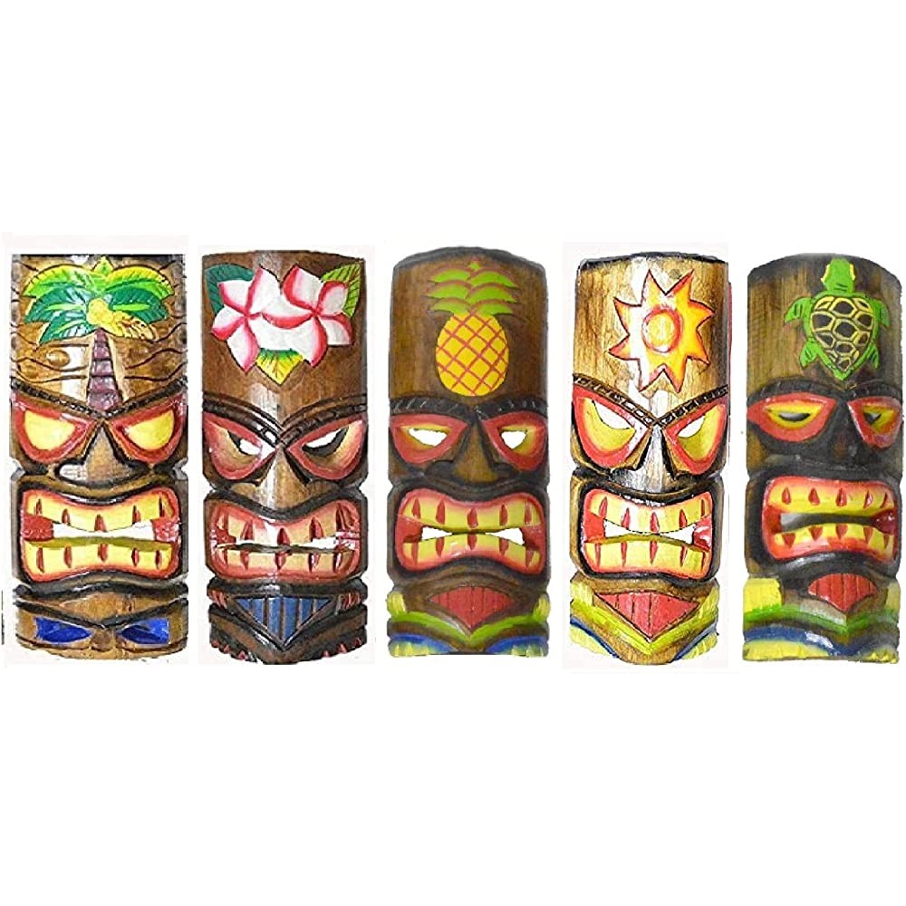 WorldBazzar SET OF 5 HAND CARVED POLYNESIAN HAWAIIAN TIKI STYLE MASKS 12 IN TALL turtle pineapple colorful flower parrot - BKQBYX0LL