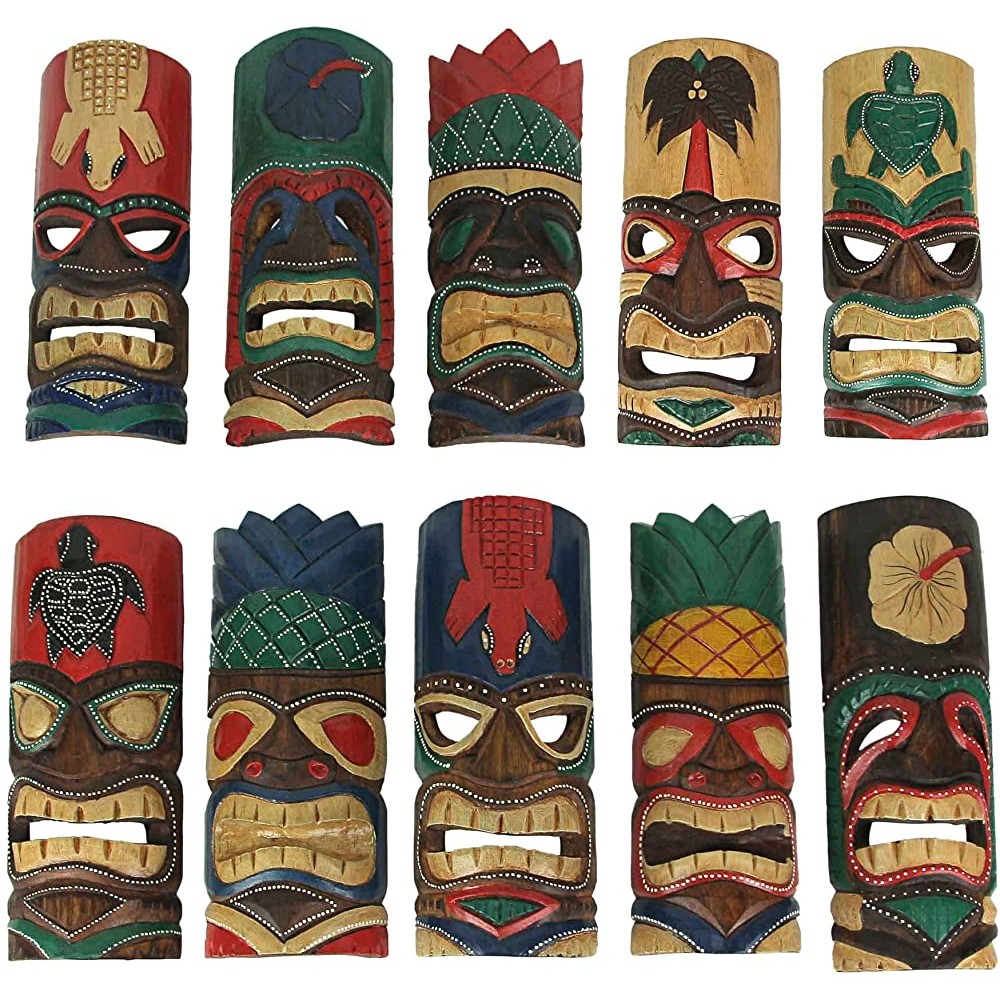 Zeckos Set of 10 Hand-Carved Tropical Island Style Tiki Masks Decorative Wall Hangings 12 Inches High - B3UUA39C1