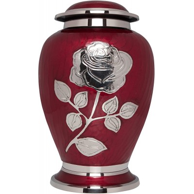 Ansons Urns Silver Rose Cremation Urn Funeral Urn with Large Flower on Red Enamel Burial Urn for Human Ashes Adult Size 100% Brass - B2K2ERLLT