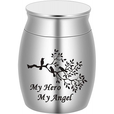 Beautiful Keepsake Urn for Ashes-1.6" Tall Memorial Birds of Tree Cremation Urns for Human or Pet Ashes-Handcrafted Silver Decorative Urns for Funeral-Engraved"My Hero My Angel"Urn for Sharing - B7K0BU4KK