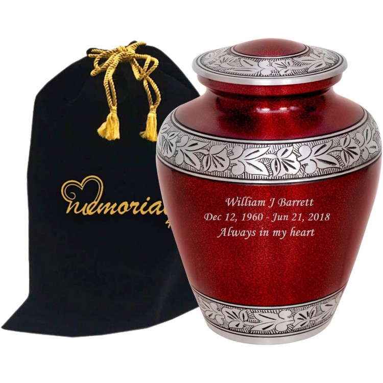 Elite Glitter Love Cremation Urn for Human Ashes Funeral Urn Adult Funeral Urn Handcrafted with Silver Engraved Bands Metal Urn Large Urn Deal with Free Bag Red Custom - BMUZ8NS5A