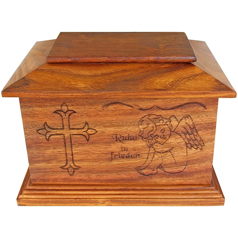 IBLAY Beautiful Wooden Urn Box for Human Ashes Adult Funeral Decorative Urns with Angels Design on Top Medium - BG5J4S9FA