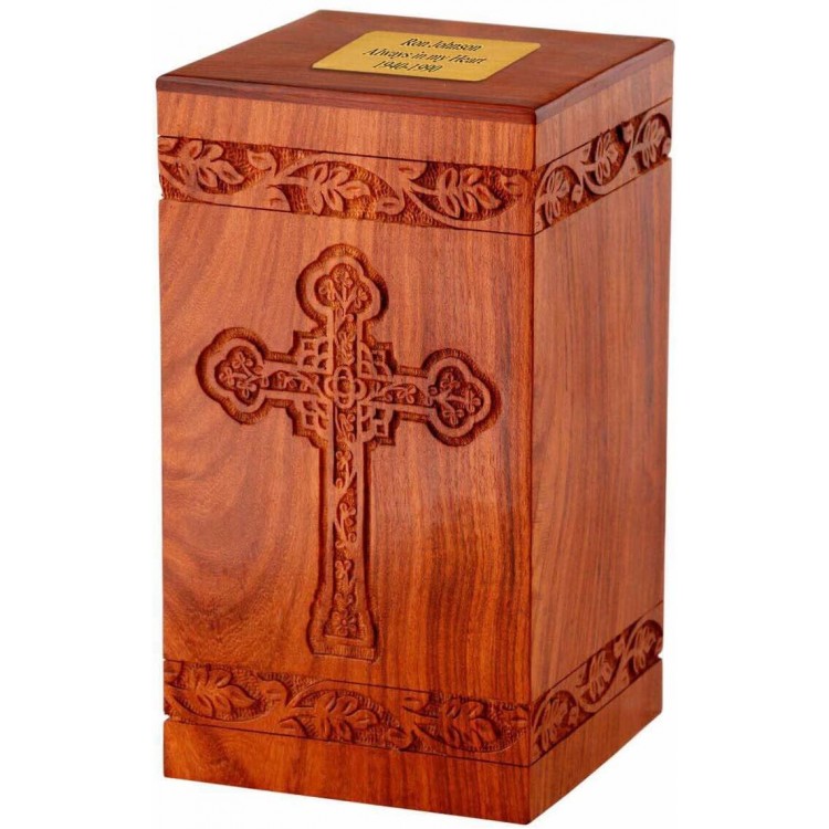 Memorials4u Solid Rosewood Cremation Urn with Hand-Carved Cross Design with Custom Engraved Brass Plate for Human Ashes Adult Funeral Urn Handcrafted and Engraved Urn for Ashes Wood Urn - BPOJ4K4A4