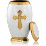 Nazareth Store Cremation Urn for Adult Human Ashes White Pearl Engraved Gold Cross Full Brass Classy Finish to Honor and Remember Your Loved One Velvet Box - B1XX2IW98