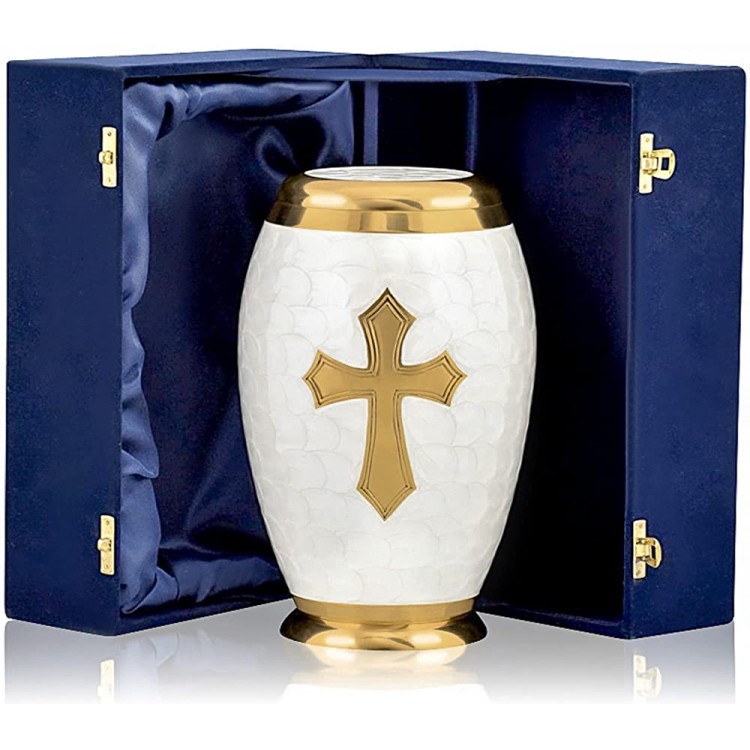 Nazareth Store Cremation Urn for Adult Human Ashes White Pearl Engraved Gold Cross Full Brass Classy Finish to Honor and Remember Your Loved One Velvet Box - B1XX2IW98
