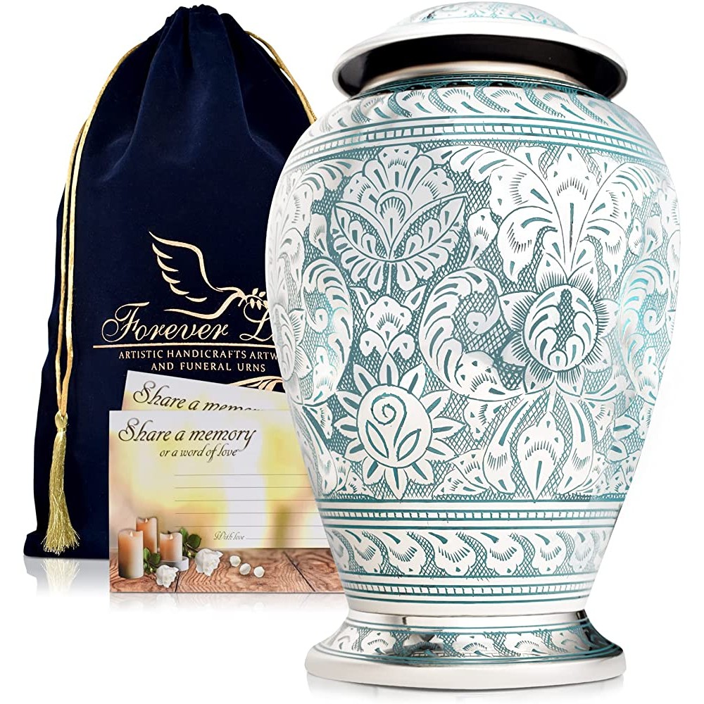 Urn for Human Ashes by Forever Lane Handcrafted Silver Blue Classical Brass Cremation Urns for Adult Ashes Male Large Urn for Men Women Decorative Cremation Funeral Burial Urn with Velvet Bag - BVFQFHA5V