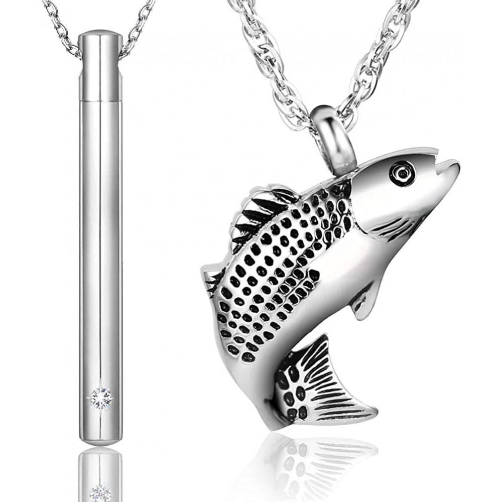 Urn Necklaces for Ashes Memorial Cremation Jewelry for Ashes Urn Locket Waterproof Keepsake Pendant Urn Jewelry with CZ Bar Pendant & Fish & 8 Shaped Necklace & Funnel Kit & Bag - BIOGMN1FZ